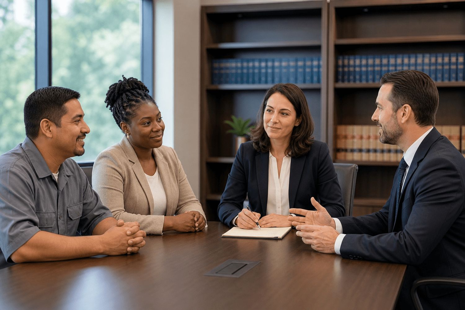 Diverse multicultural group at legal office consultation with professional interpreter — Heartland Language Evansville Indiana