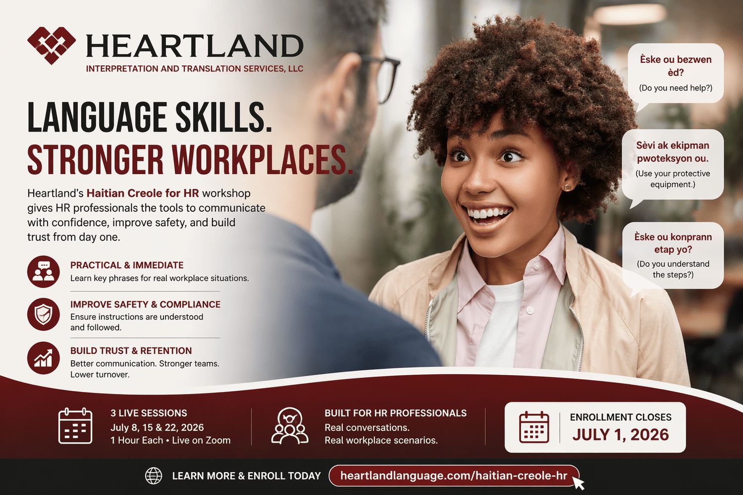 Heartland workshop teaching workplace safety Haitian Creole employees communication for HR professionals.