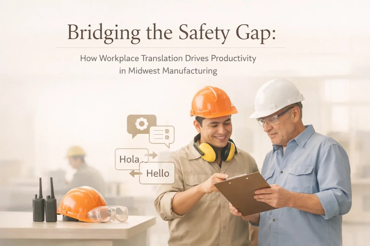 Younger and older manufacturing workers reviewing safety documents together, illustrating workplace translation in manufacturing bridging language gaps on the floor.